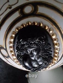 Antique French Opaline Glass Vase White w Black Cameo and Gold Trim