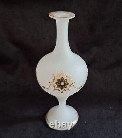 Antique French Opaline Glass Vase White w Black Cameo and Gold Trim