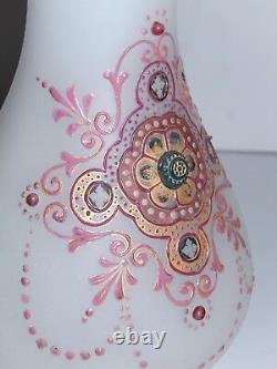 Antique French Opaline Glass Vase White w Pink Jeweled Enamel & Gold Trim