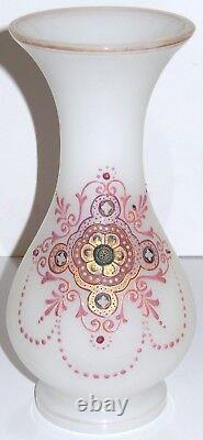 Antique French Opaline Glass Vase White w Pink Jeweled Enamel with Gold Trim