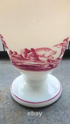 Antique French Opaline Glass Vase White w Red Hunting Scenes