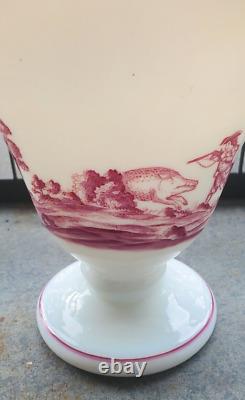Antique French Opaline Glass Vase White w Red Hunting Scenes