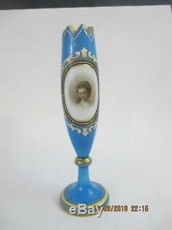 Antique French Opaline Miniature Glass Portrait Bud Vase