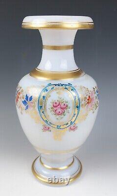 Antique French Opaline Rolled Rim Glass Vases Enameled Roses Gold Baccarat White