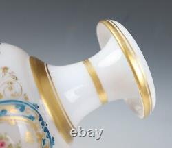 Antique French Opaline Rolled Rim Glass Vases Enameled Roses Gold Baccarat White