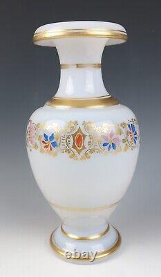 Antique French Opaline Rolled Rim Glass Vases Enameled Roses Gold Baccarat White