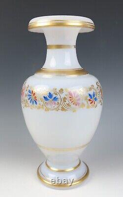 Antique French Opaline Rolled Rim Glass Vases Enameled Roses Gold Baccarat White