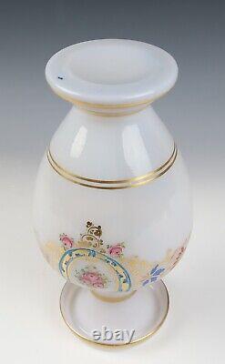 Antique French Opaline Rolled Rim Glass Vases Enameled Roses Gold Baccarat White