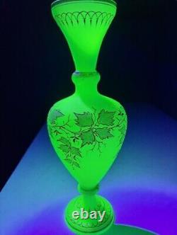 Antique French Opaline Satin Uranium Glass Gilt Painted 14 Vase GLOWS