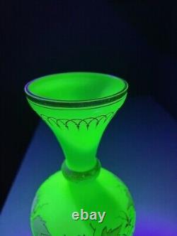 Antique French Opaline Satin Uranium Glass Gilt Painted 14 Vase GLOWS