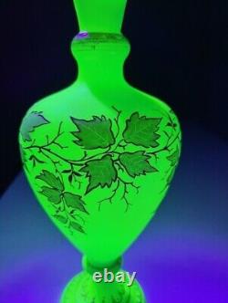 Antique French Opaline Satin Uranium Glass Gilt Painted 14 Vase GLOWS