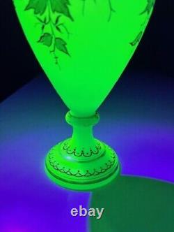 Antique French Opaline Satin Uranium Glass Gilt Painted 14 Vase GLOWS