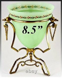 Antique French Opaline Vase in Ormolu Casement, 8.5 Tall, Enameled Green Glass