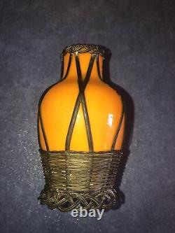 Antique French Orange Glass With Woven Wire Miniature Vase, Circa 1900 Handmade