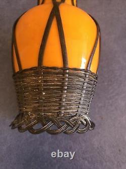 Antique French Orange Glass With Woven Wire Miniature Vase, Circa 1900 Handmade