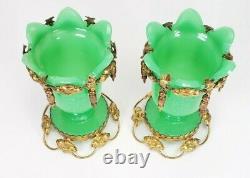 Antique French Palais Royal Green Opaline Glass Bronze Ormolu Mounted Vases
