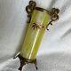 Antique French Pale Yellow Glass Ormolu Vase Gilt Dragon Handles 9 Signed Fillh