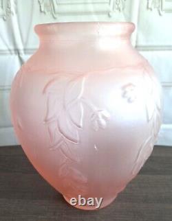 Antique French Pink Frosted Satin Glass Art Deco Vase 12 Art Nouveau Large