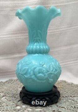 Antique French Portieux Vallerysthal Blue Opaline Milk Glass Vase 8 Tall 1900's