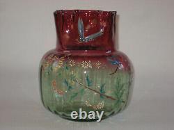 Antique French Rubina Verde Enamel Decorated Art Glass Vase by Legras, c. 1890