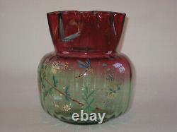 Antique French Rubina Verde Enamel Decorated Art Glass Vase by Legras, c. 1890