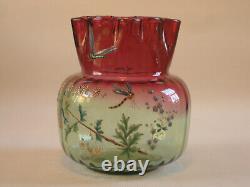 Antique French Rubina Verde Enamel Decorated Art Glass Vase by Legras, c. 1890