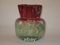 Antique French Rubina Verde Enamel Decorated Art Glass Vase by Legras, c. 1890