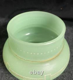 Antique French Sea Green Opaline Vaseline / Uranium Glass Vase Bowl Hand Painted