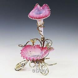 Antique French Trinket pink opaline glass Bowl with Vase gilded ormolu mounts bird