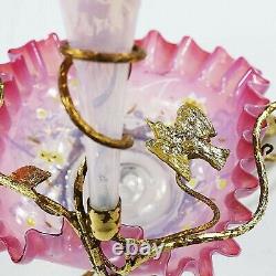 Antique French Trinket pink opaline glass Bowl with Vase gilded ormolu mounts bird
