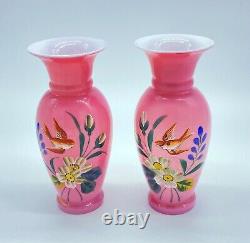 Antique French Victorian Pink Opaline Glass Vases Hand Painted withBirds & Flowers