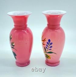 Antique French Victorian Pink Opaline Glass Vases Hand Painted withBirds & Flowers