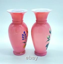 Antique French Victorian Pink Opaline Glass Vases Hand Painted withBirds & Flowers