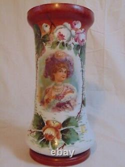 Antique French Victorian White Opaline Milk Bristol Glass Portrait Vase 12