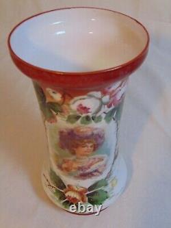 Antique French Victorian White Opaline Milk Bristol Glass Portrait Vase 12