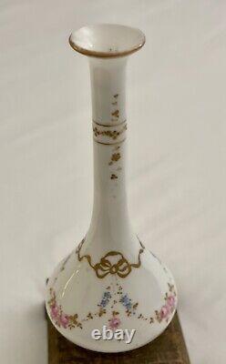 Antique French White Opaline Glass Long Neck Vase Hand Painted