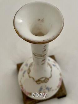 Antique French White Opaline Glass Long Neck Vase Hand Painted