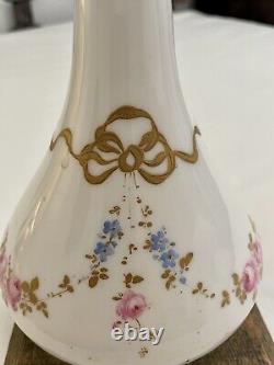 Antique French White Opaline Glass Long Neck Vase Hand Painted