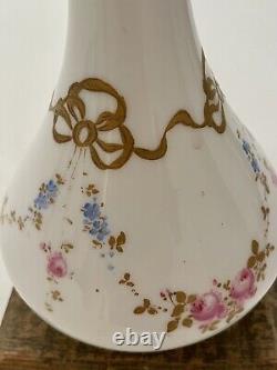 Antique French White Opaline Glass Long Neck Vase Hand Painted