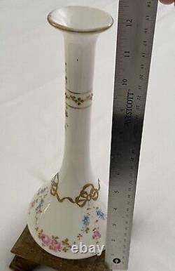 Antique French White Opaline Glass Long Neck Vase Hand Painted