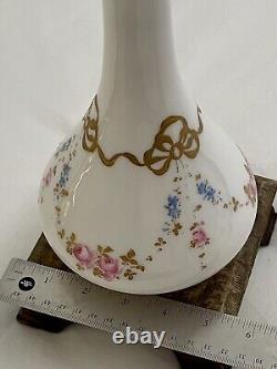 Antique French White Opaline Glass Long Neck Vase Hand Painted