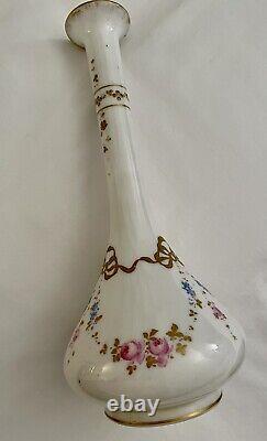 Antique French White Opaline Glass Long Neck Vase Hand Painted