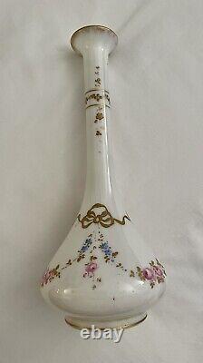 Antique French White Opaline Glass Long Neck Vase Hand Painted