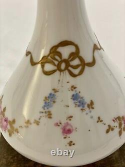 Antique French White Opaline Glass Long Neck Vase Hand Painted