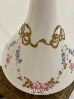 Antique French White Opaline Glass Long Neck Vase Hand Painted