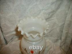 Antique French White Opaline Glass Vase HP Flowers Ruffle Top Pontil Mark