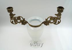 Antique French White Opaline Vase, Ornate Brass Candleholder