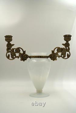 Antique French White Opaline Vase, Ornate Brass Candleholder