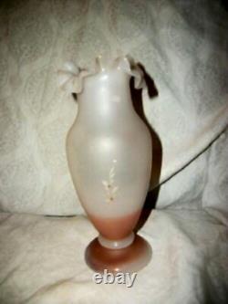 Antique French White Opaline Vase Pink HP Floral Handblown Ruffle Pontil Mark