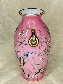 Antique French hand-painted opaline vase gilt, enameled flowers & butterflies